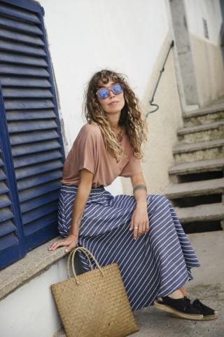 Falda maxi larga azul con rayas blancas con bolsillos- Ropa mujer SusiSweetdress