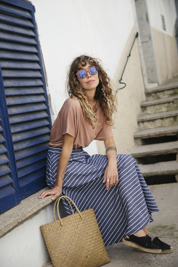 Falda maxi larga azul con rayas blancas con bolsillos- Ropa mujer SusiSweetdress