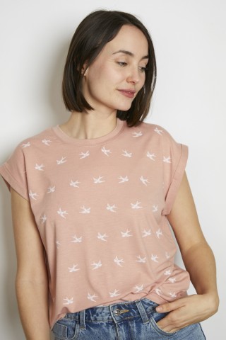 Camiseta SusiSweetdress salmón pastel con pájaros blancos- Ropa mujer SusiSweetdress