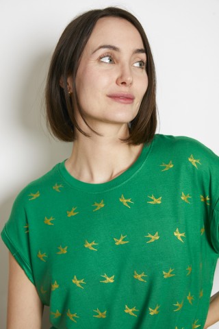 Camiseta SusiSweetdress verde con pájaros dorados- Ropa mujer SusiSweetdress