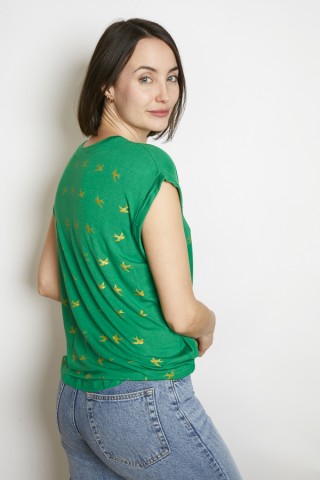 Camiseta SusiSweetdress verde con pájaros dorados- Ropa mujer SusiSweetdress