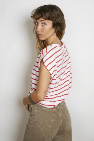 Camiseta SusiSweetdress blanca con rayas rojas- Ropa mujer SusiSweetdress