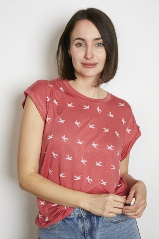 Camiseta SusiSweetdress rosa con pájaros blancos- Ropa mujer SusiSweetdress