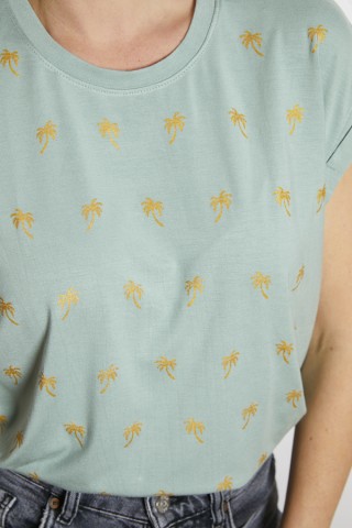 Camiseta SusiSweetdress verde pastel con palmeras doradas- Ropa mujer SusiSweetdress