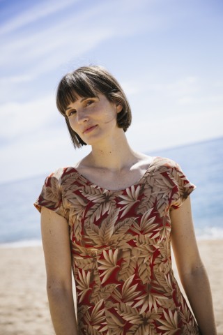 Vestido vintage granate con hojas tropicales marrones y beis- Ropa mujer vintage SusiSweetdress