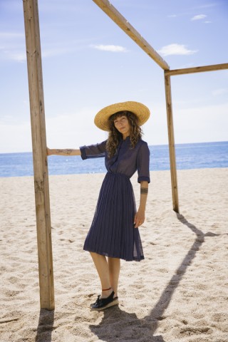 Vestido vintage azul marino con estampado geométrico blanco - Ropa mujer vintage SusiSweetdress