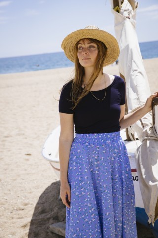 Falda maxi larga azul cielo con margaritas blancas con bolsillos- Ropa mujer SusiSweetdress