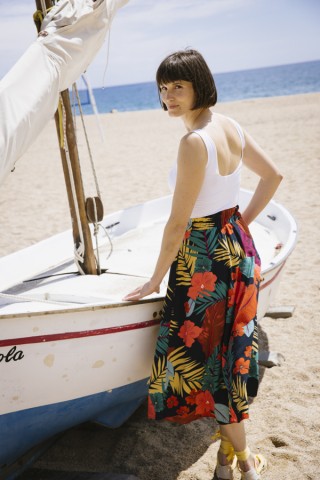 Falda maxi larga azul con hojas tropicales de colores con bolsillos- Ropa mujer SusiSweetdress