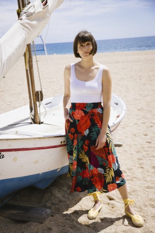 Falda maxi larga azul con hojas tropicales de colores con bolsillos- Ropa mujer SusiSweetdress