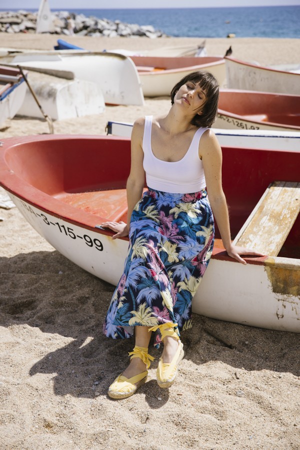 Falda maxi larga azul con hojas tropicales de colores con bolsillos- Ropa mujer SusiSweetdress