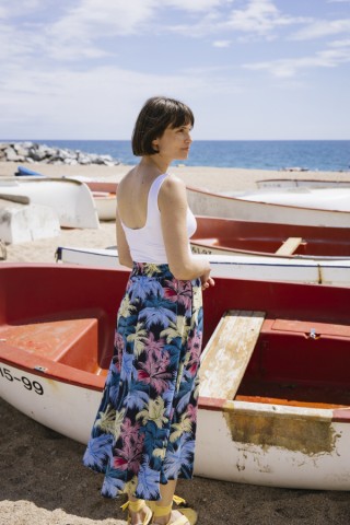 Falda maxi larga azul con hojas tropicales de colores con bolsillos- Ropa mujer SusiSweetdress