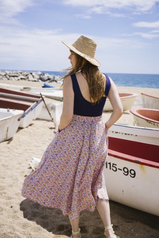 Falda maxi larga rosa pastel con flores colores con bolsillos- Ropa mujer SusiSweetdress