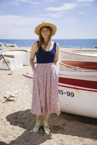 Falda maxi larga rosa pastel con flores colores con bolsillos- Ropa mujer SusiSweetdress