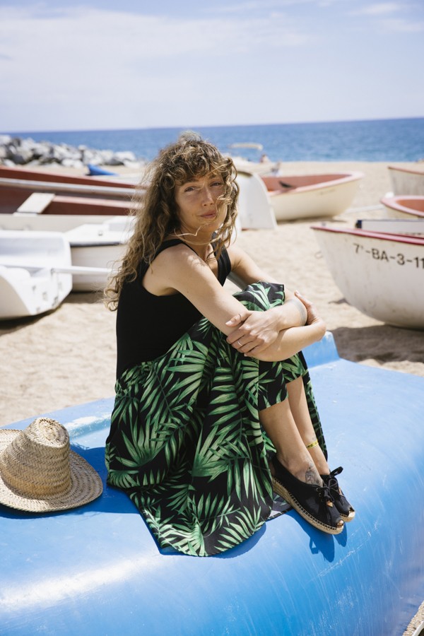 Falda maxi larga negra con hojas tropicales verdes con bolsillos- Ropa mujer SusiSweetdress