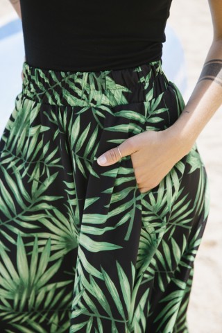 Falda maxi larga negra con hojas tropicales verdes con bolsillos- Ropa mujer SusiSweetdress