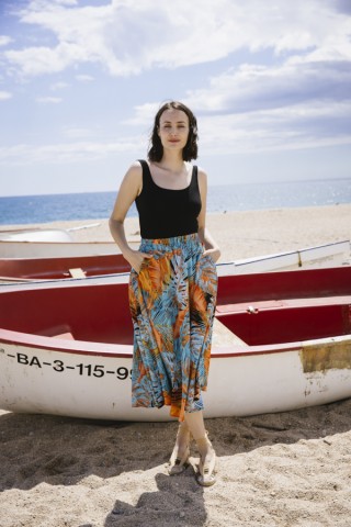 Falda maxi larga con hojas azules y naranjas con bolsillos- Ropa mujer SusiSweetdress