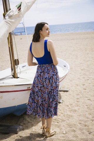 Falda maxi larga azul con hojas naranjas y azules con bolsillos- Ropa mujer SusiSweetdress