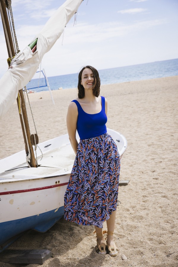 Falda maxi larga azul con hojas naranjas y azules con bolsillos- Ropa mujer SusiSweetdress