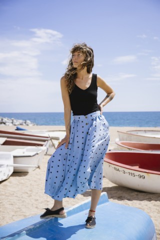 Falda midi azul con topos negros y botones delanteros- Ropa mujer SusiSweetdress