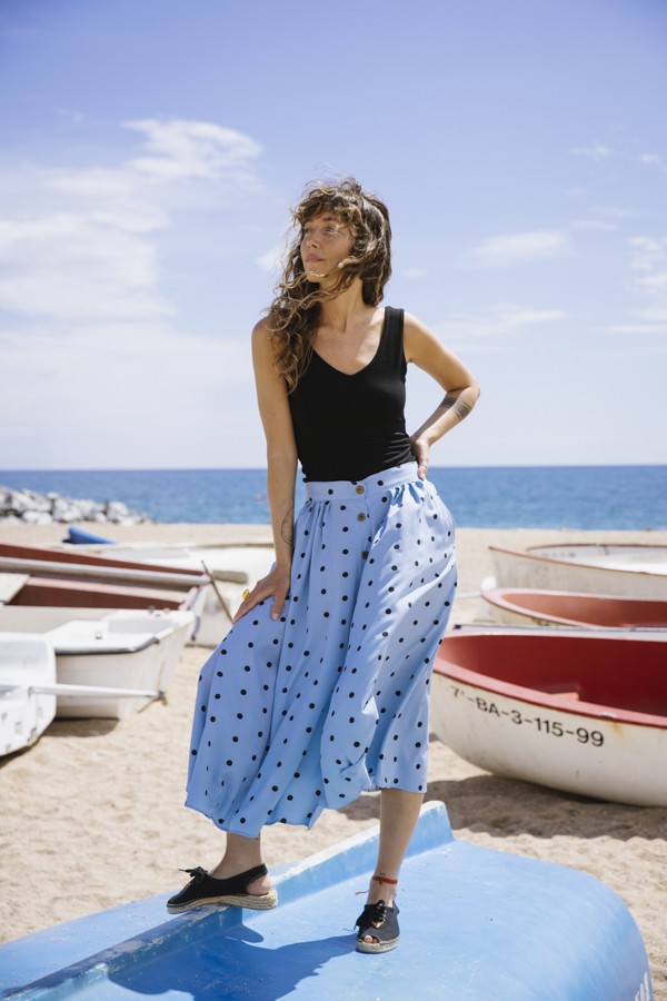 Falda midi azul con topos negros y botones delanteros- Ropa mujer SusiSweetdress