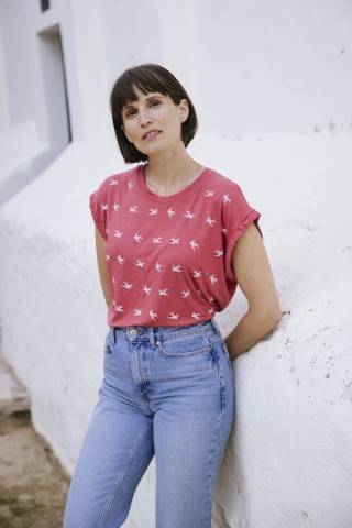Camiseta SusiSweetdress rosa con pájaros blancos- Ropa mujer SusiSweetdress