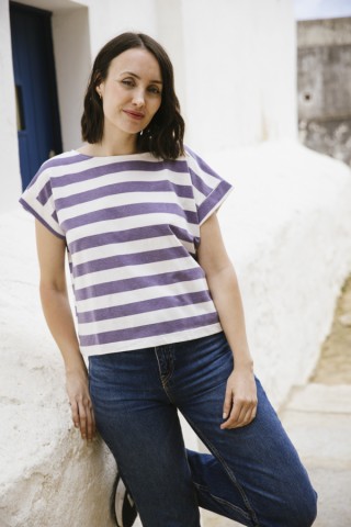 Camiseta SusiSweetdress a rayas azul violeta tela polo- Ropa mujer SusiSweetdress
