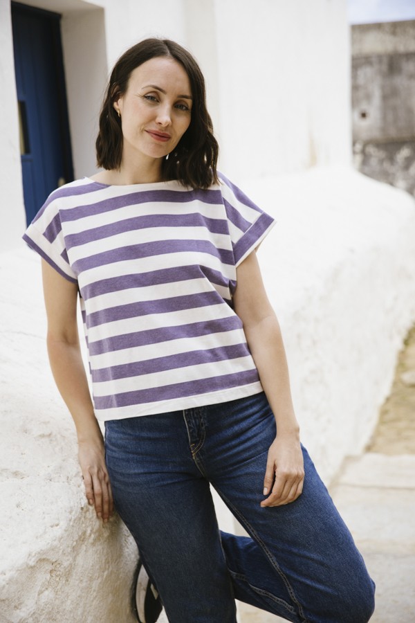Camiseta SusiSweetdress a rayas azul violeta tela polo- Ropa mujer SusiSweetdress