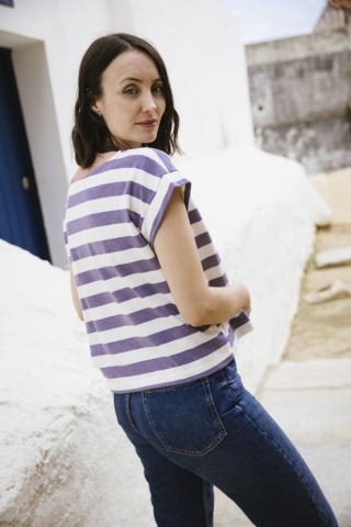Camiseta SusiSweetdress a rayas azul violeta tela polo- Ropa mujer SusiSweetdress