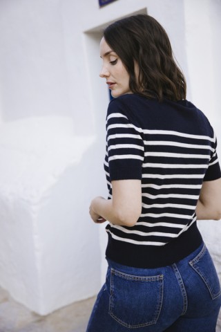 Jersey fino beis con rayas azul marino- Ropa SusiSweetdress