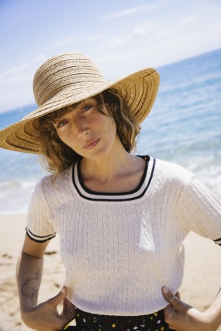 Jersey fino beis con rayas finales azul marino - Ropa SusiSweetdress