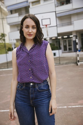 Camisa vintage azul con estampado rojo y blanco- Ropa mujer SusiSweetdress