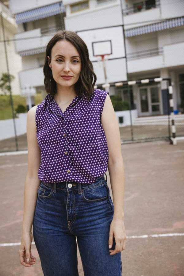 Camisa vintage azul con estampado rojo y blanco- Ropa mujer SusiSweetdress