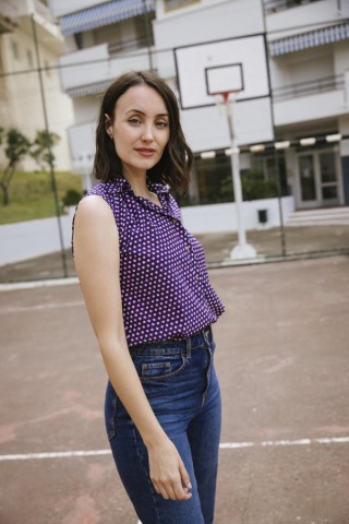 Camisa vintage azul con estampado rojo y blanco- Ropa mujer SusiSweetdress