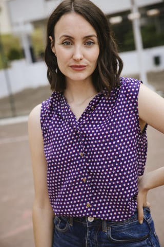 Camisa vintage azul con estampado rojo y blanco- Ropa mujer SusiSweetdress