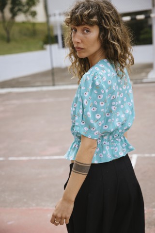 Camisa vintage azul mar con flores- Ropa mujer SusiSweetdress