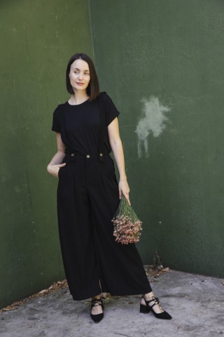 Pantalón palazzo de pana negro tirantes- Ropa SusiSweetdress