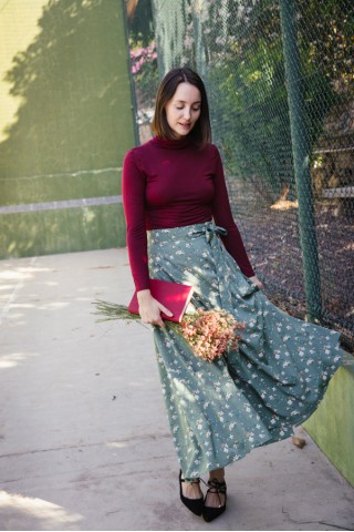 Falda maxi larga verde con flores beis- Ropa mujer SusiSweetdress