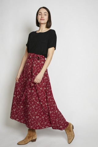 Falda maxi larga cruzada granate rosas beis- Ropa mujer SusiSweetdress