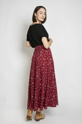 Falda maxi larga cruzada granate rosas beis- Ropa mujer SusiSweetdress