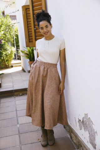Falda maxi larga anaranjada con chispeado negro con bolsillos- Ropa mujer SusiSweetdress