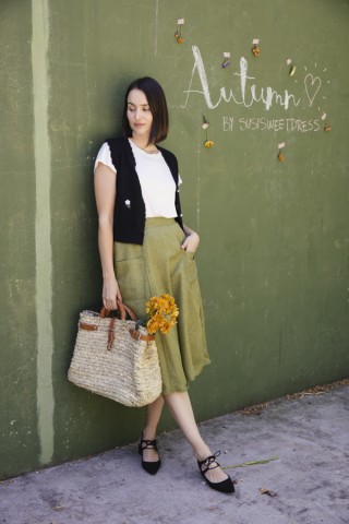 Falda verde chispeado con bolsillos delanteros- Ropa mujer SusiSweetdress