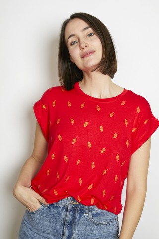 Camiseta SusiSweetdress roja con hojas doradas- Ropa mujer SusiSweetdress