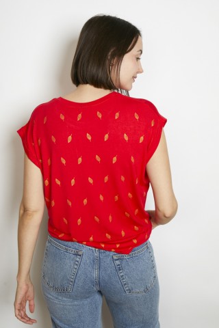 Camiseta SusiSweetdress roja con hojas doradas- Ropa mujer SusiSweetdress