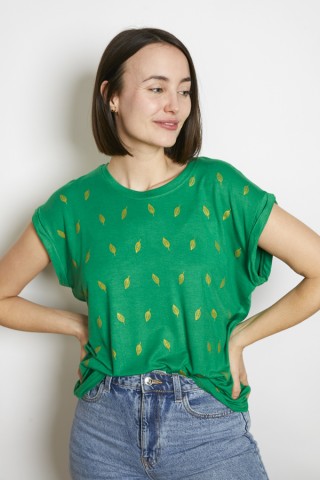 Camiseta SusiSweetdress verde con hojas doradas- Ropa mujer SusiSweetdress