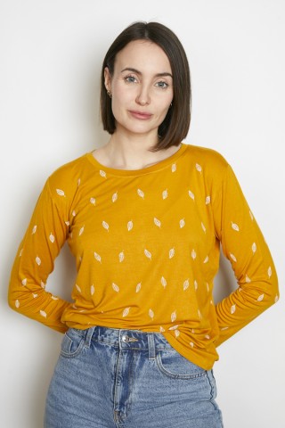 Camiseta SusiSweetdress amarilla con hojas blancas manga larga- Ropa mujer SusiSweetdress