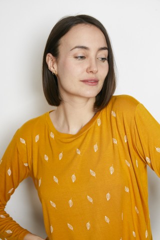 Camiseta SusiSweetdress amarilla con hojas blancas manga larga- Ropa mujer SusiSweetdress