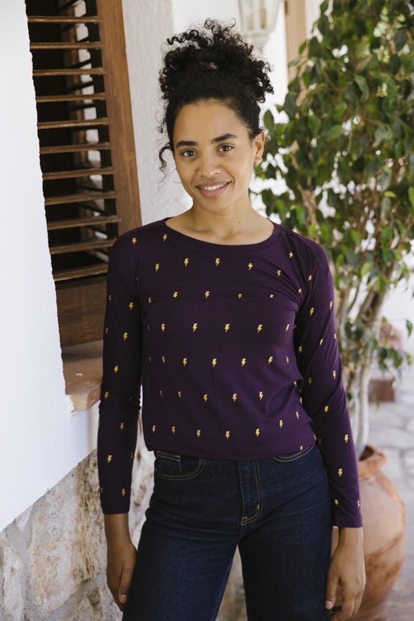 Camiseta SusiSweetdress lila oscuro con rayos dorados manga larga- Ropa mujer SusiSweetdress