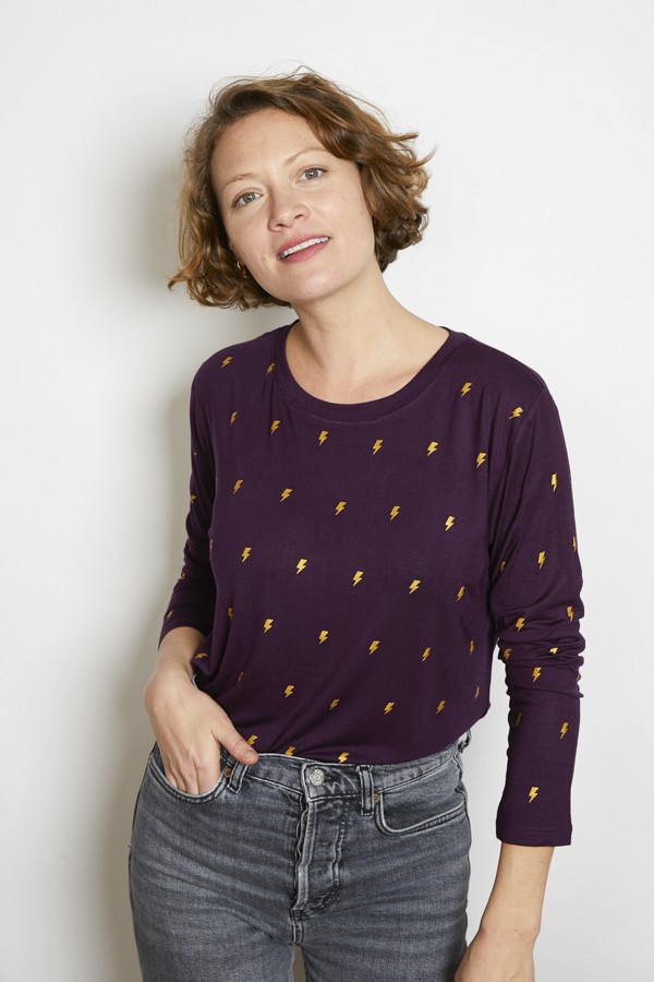 Camiseta SusiSweetdress lila oscuro con rayos dorados manga larga- Ropa mujer SusiSweetdress