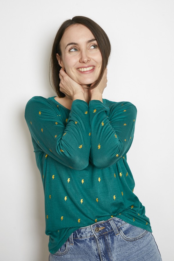 Camiseta SusiSweetdress verde con rayos dorados manga larga- Ropa mujer SusiSweetdress