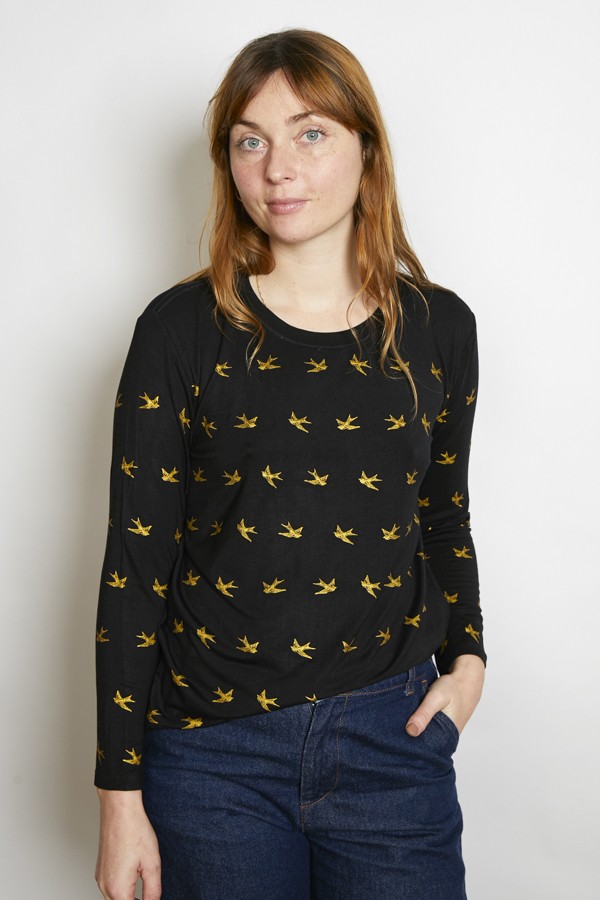 Camiseta SusiSweetdress negra con pájaros dorados manga larga- Ropa mujer SusiSweetdress